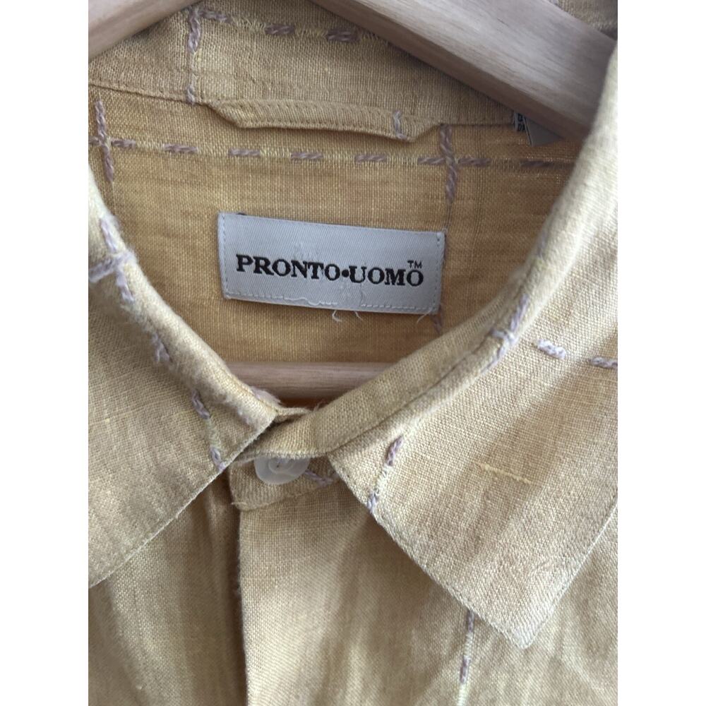 Pronto Uomo Yellow Linen Summer Tropical Hawaiian Shirt Xl Beach Vacation - Picture 3 of 9